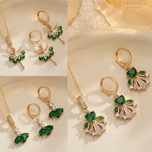Parure de Bijoux Japonaise en Cuivre Zirconia Robe Verte Danseuse de Ballet Chaîne en Acier Inoxydable Collier Boucles d'Oreilles pour Femmes