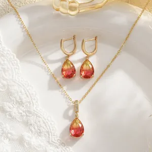 Close-up detail of gradient teardrop gemstone necklace and matching earrings set.