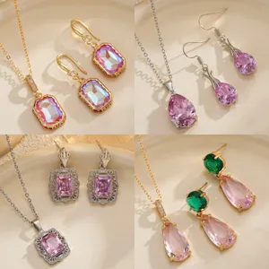 Juego de Joyería Nupcial Con Collar Colgante de Circonia Gota de Agua Pendientes de Cobre Para Mujer Joyas de Boda