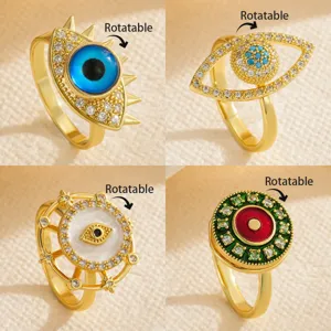 Anillo Abierto de Cobre Chapado en Oro Ojo Turco para Mujer Anillo Giratorio de Strass Joyería Bohemia Regalo