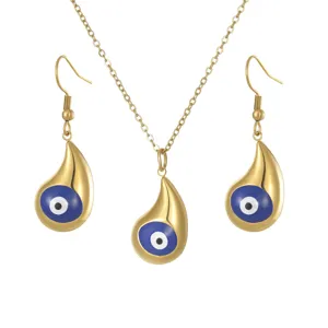 Gold-plated teardrop evil eye jewelry set with necklace and hook earrings
