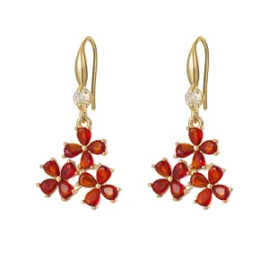Retro Chinese style red petal crystal earrings with gold-tone ear hooks for women elegant