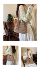 Detailed shots of a handmade crochet straw beach bag with brown faux leather shoulder straps