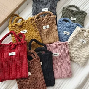Korean Style Handmade Knitted Woolen Crossbody Bag Candy Color Autumn Winter Small Square Mobile Phone Bag For Women