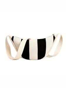 Fashionable black and white striped woven crossbody bag with a minimalist Japanese style