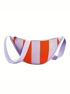 Fashionable woven striped crescent crossbody bag in orange and lavender purple knit fabric