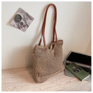 Handmade woven cotton thread straw tote bag in beige color for summer beach vacations