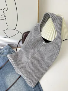 Close-up detail showing the soft texture of a gray knitted large capacity minimalist tote bag