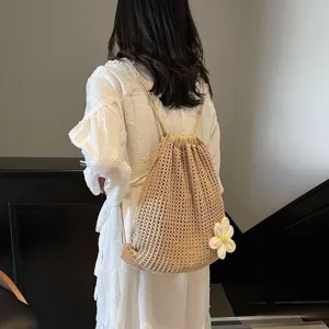 Mochila de Punto Para Mujer Con Cordón Bolso de Hombro de Ganchillo Bolso de Playa de Verano Con Decoración de Flores 3D Mochila Tejida Casual