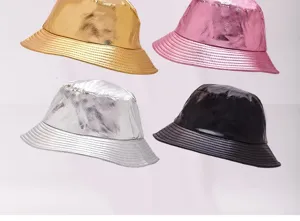 Four shiny metallic patent leather foldable bucket hats in gold silver pink and black colors