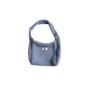 Sweet blue cable-knit handbag with tiny egg tag accessory for autumn and winter fashion