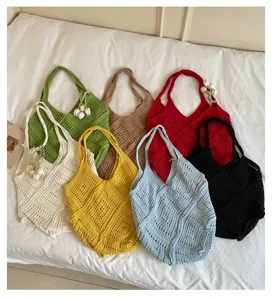 Handmade crochet hollow beach tote bags in multiple colors bohemian style large capacity bag