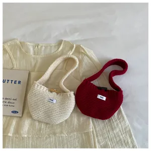 Korean Style Knit Handbag Women Minimalist Polyester Small Tote Crochet Earphone Storage Pouch Wood Button Handbag