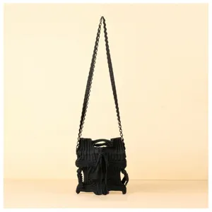 Chic black pleated knitted mini crossbody bag with unique woven texture for women