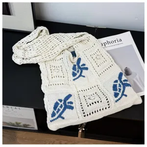 Grote gebreide draagtas met blauw schildpadpatroon voor dagelijks casual gebruik