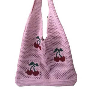 Large Capacity Polyester Knitted Tote Bag For Women Cute Cherry Pattern Crochet Shoulder Bag Ins Style Hollow Out Handbag