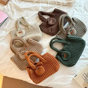 Retro Handmade Woven Underarm Bag For Women Polyester Crochet Knitted Handbag Casual Summer Beach Tote Bag With Heart Charm