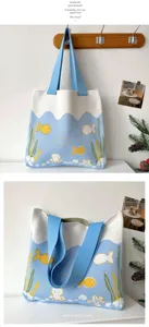 Macro view of cute cartoon octopus and sea fish pattern on high-quality knitted tote bag
