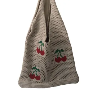 Large knitted tote bag with cute cherry pattern, hollow woven design for casual summer style