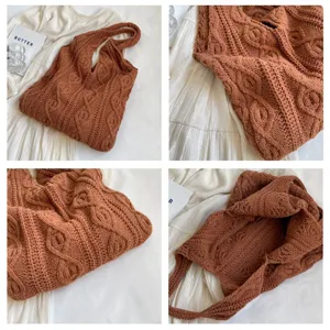 Detailed views of terracotta retro cable-knit tote bag with soft handmade texture