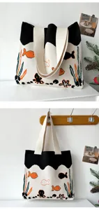 Detailed view of a stylish knitted ocean-themed tote bag with cute octopus graphics