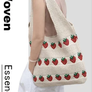 Women Strawberry Pattern Crochet Knit Tote Bag Large Capacity Woven Shoulder Bag Durable Summer Beach Handbag