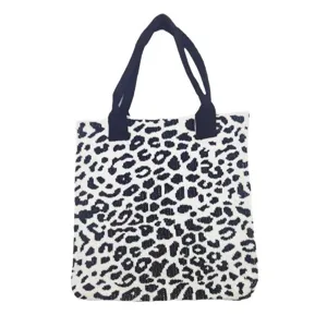 Fashionable leopard print knitted tote bag with black handles and large capacity