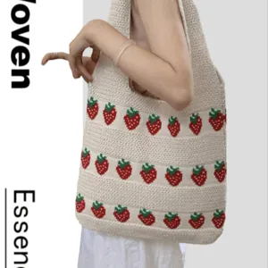 Handmade crochet tote bag with strawberry pattern, large capacity knitted handbag for women