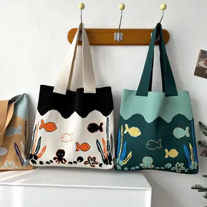 Ocean Undersea World Octopus Cartoon Knitted Tote Bag For Women Korean Style Casual Polyester Shoulder Bag Student Shopping Bag