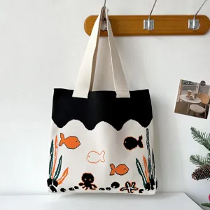Cute ocean octopus cartoon knitted tote bag for casual daily use
