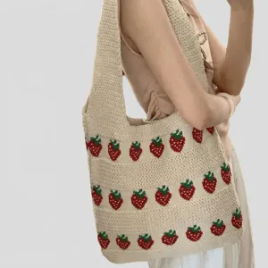 Large capacity cream crochet tote bag with cute red strawberry pattern for women