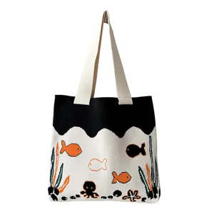Cute ocean octopus cartoon knitted tote bag for women featuring marine life patterns