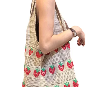 Handmade crochet tote bag with strawberry pattern, large capacity knitted handbag for women.