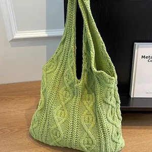 Stylish light green retro cable knit tote bag for women, handmade crochet shoulder bag