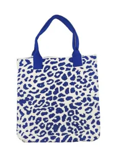 Large blue leopard print knit tote bag with durable handles for versatile daily casual use