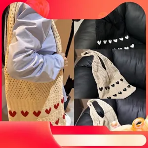 Minimalist handmade crochet heart tote bag with hollow knit patterns and shoulder strap