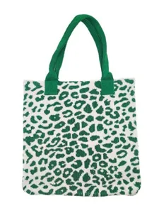 Stylish green leopard print knitted tote bag with large capacity shoulder straps