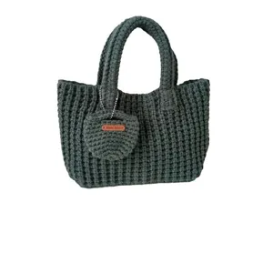 Retro style handmade green crochet cotton woven tote bag with a matching mini pouch