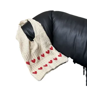 Minimalist beige knitted heart pattern tote bag for women with elegant crochet design