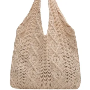 Handmade vintage cable knit tote bag in cream white wool for women daily shopping