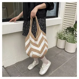 Large capacity crochet tote bag with white and tan chevron pattern detail