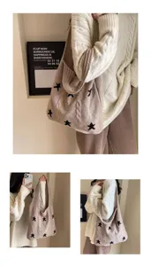 Detail view of beige knitted tote bag with black star patterns and cable-knit texture
