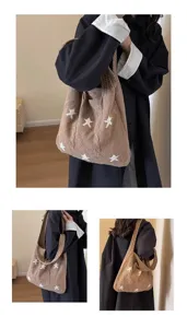 Large capacity brown knitted tote bag with white star pattern for casual women's fashion