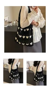 Detailed shots of black knitted tote bag with white heart pattern and hollow-out design