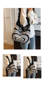 Stylish new women's knit shoulder bag with heart pattern, large capacity open tote.