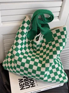 Women Checkerboard Knitted Tote Bag Large Capacity Casual Crochet Shoulder Bag Knitted Shopping Bag Handbag For Daily Travel