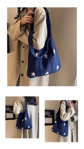 Multi-angle views of blue knitted tote bag with white star patterns and cable stitch details