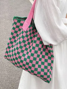 Fashionable pink and green checkerboard knitted tote bag with large capacity for women