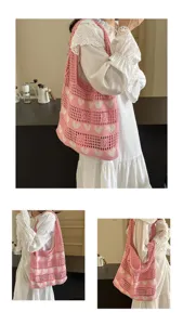 Detailed views of pink crochet tote bag with white heart patterns worn by a model