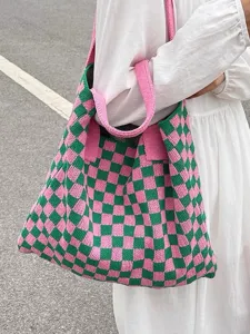 Stylish pink and green knitted checkerboard tote bag for women with a large capacity